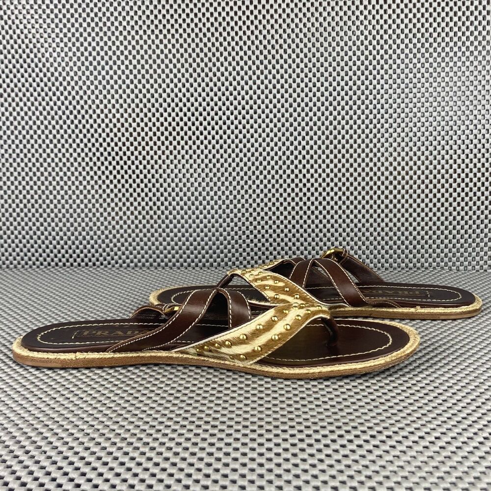 Vintage Prada Sandals Womens 37.5 Brown Leather Thong Sandals Made in Italy - Picture 4 of 12